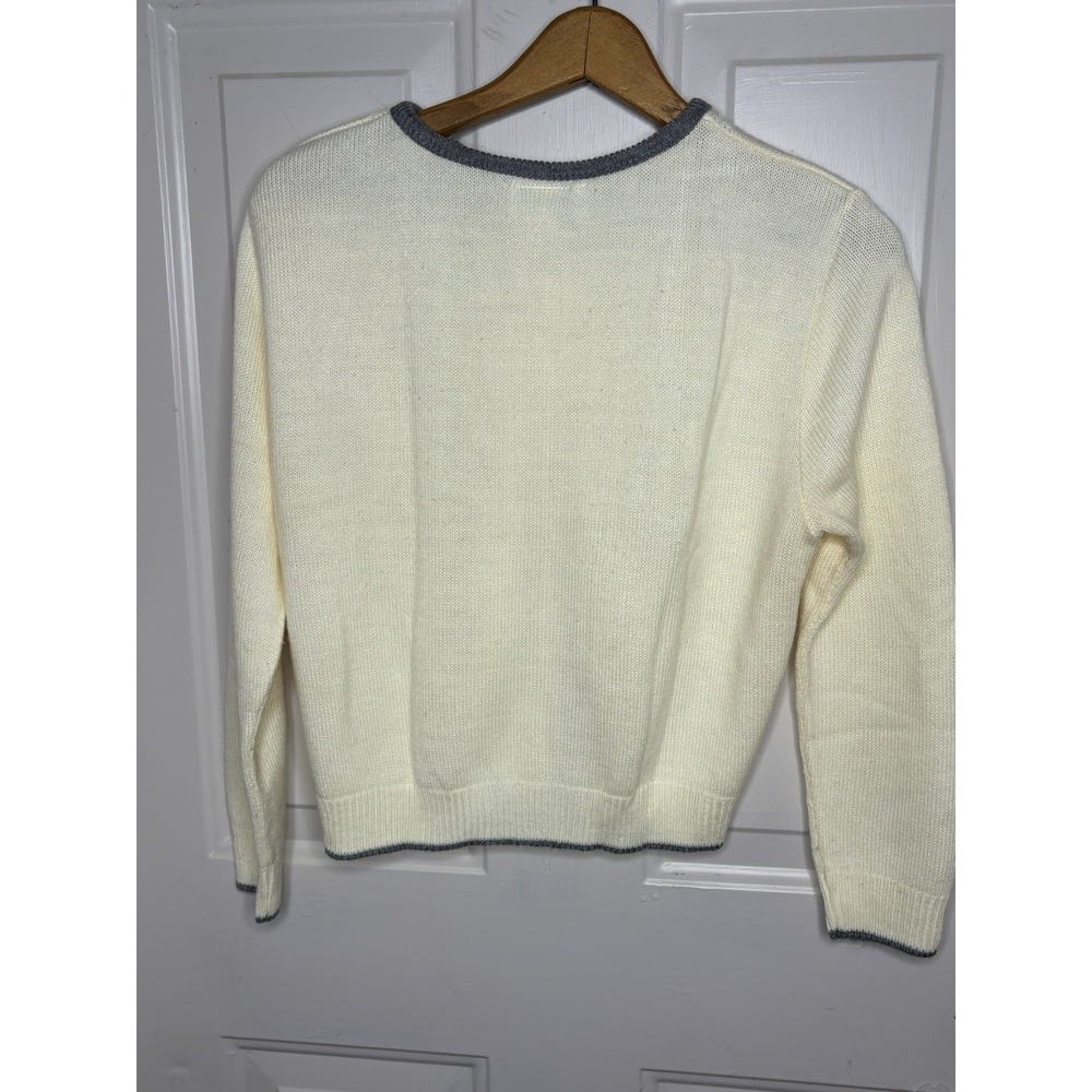 Vtg Women's M Cardigan Sweater Ivory Silver Buttons Gray Detail Short USA Cable - Picture 7 of 8